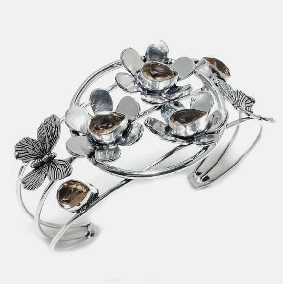 New Unique Morganite Butterflies and Flowers Silver Cuff Bracelet. - Picture 2 of 16